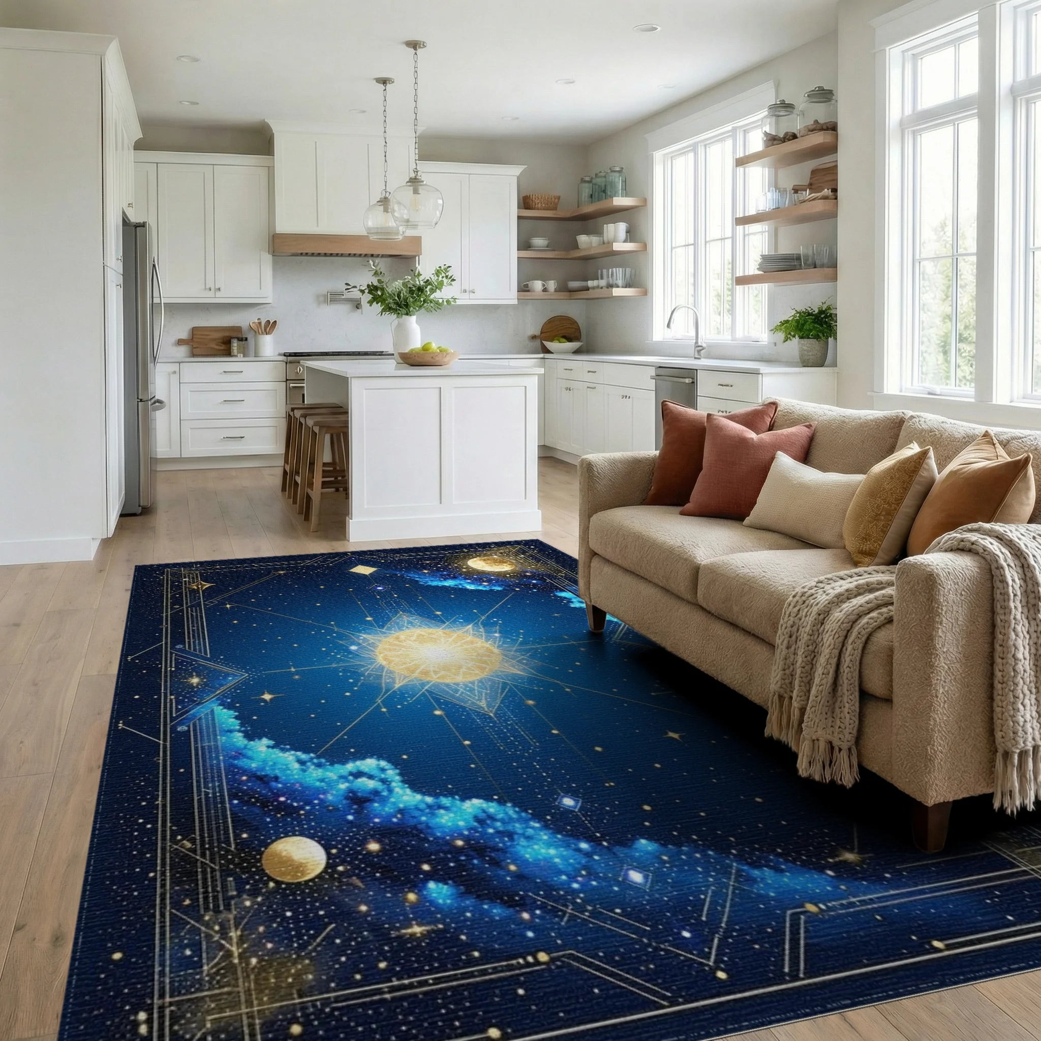 Celestial Gold Radiant Sunburst Rug - Living Room View