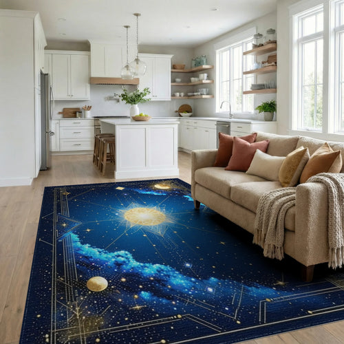 Celestial Gold Radiant Sunburst Rug - Living Room View