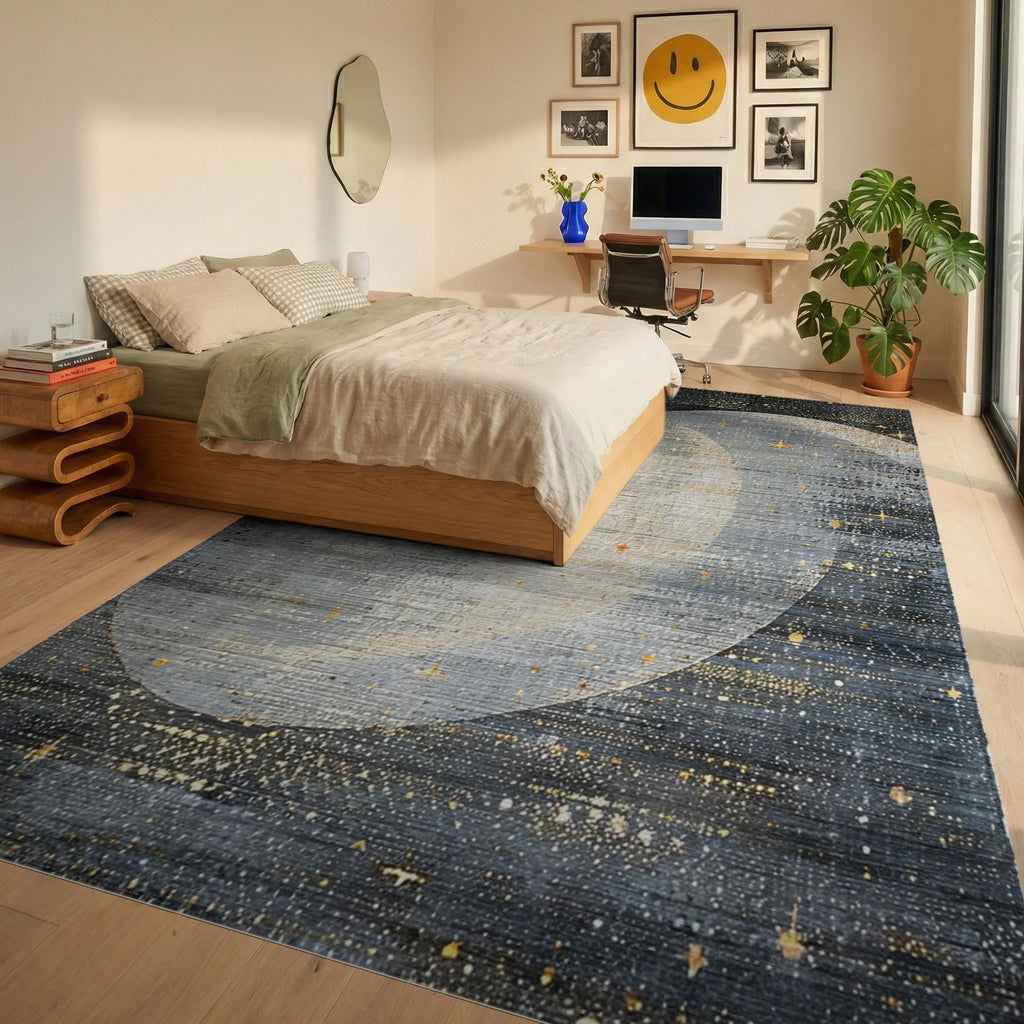 Celestial Gray Moon and Stars Rug - Bedroom View