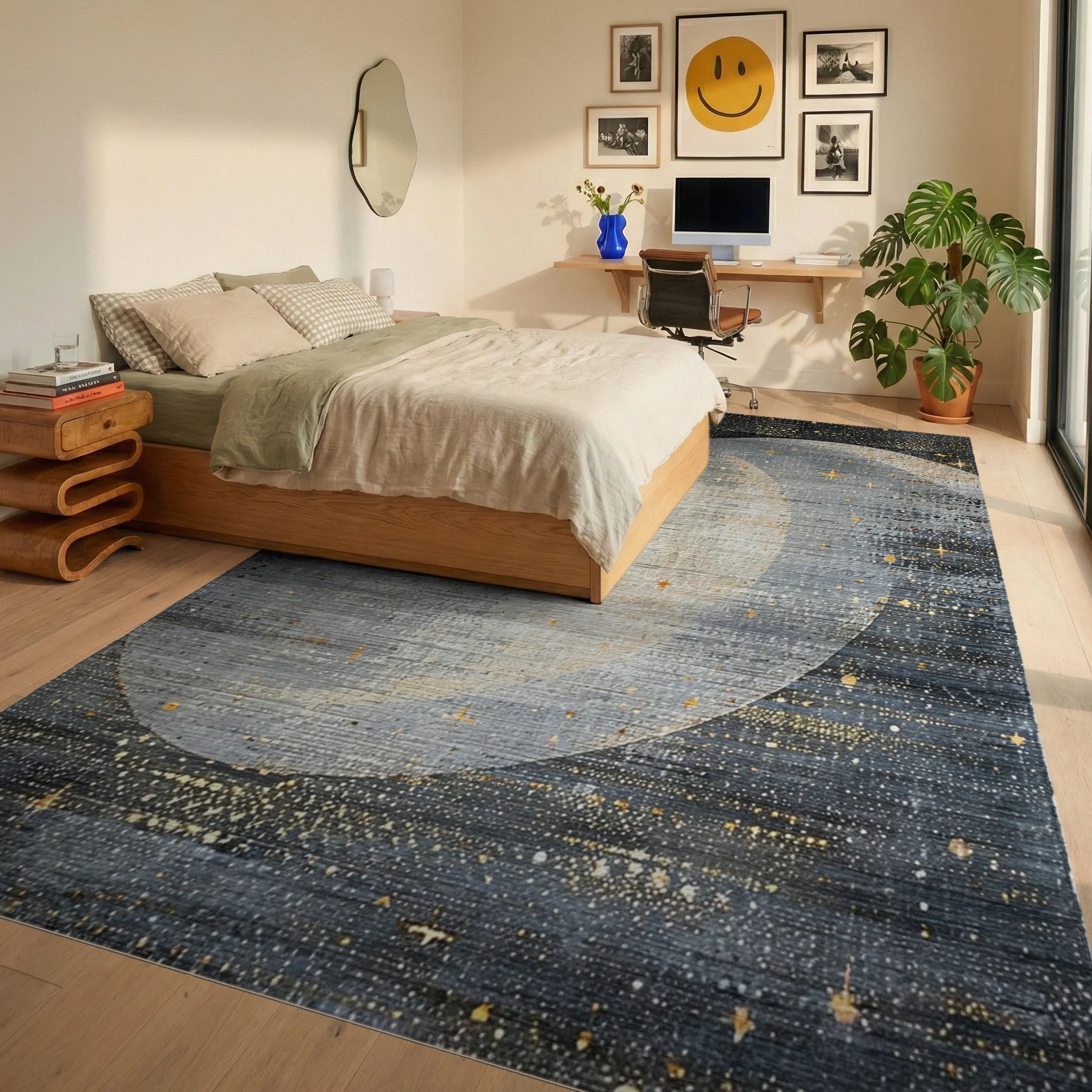 Celestial Gray Moon and Stars Rug - Bedroom View