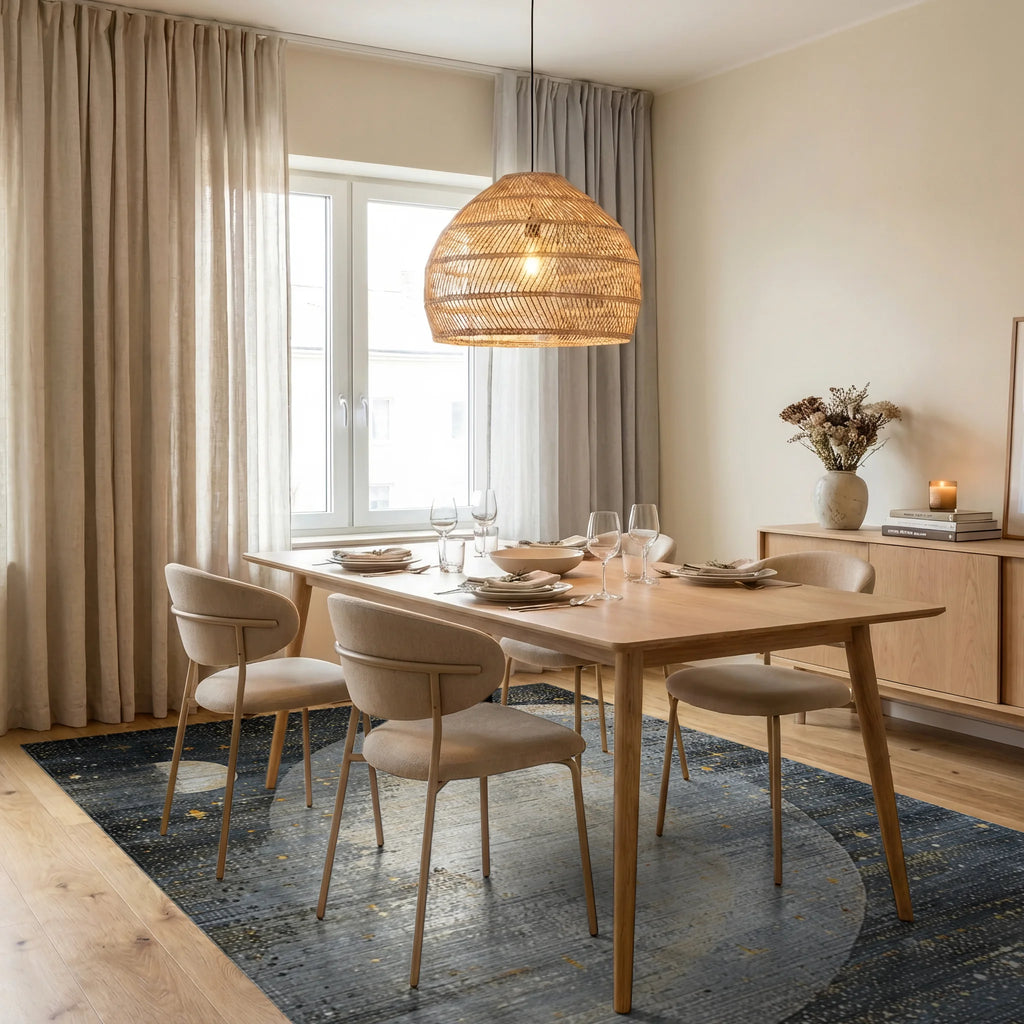 Celestial Gray Moon and Stars Rug - Dining Room View