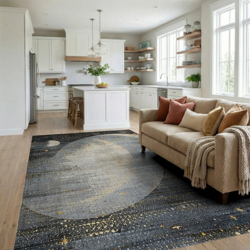 Celestial Gray Moon and Stars Rug - Living Room View