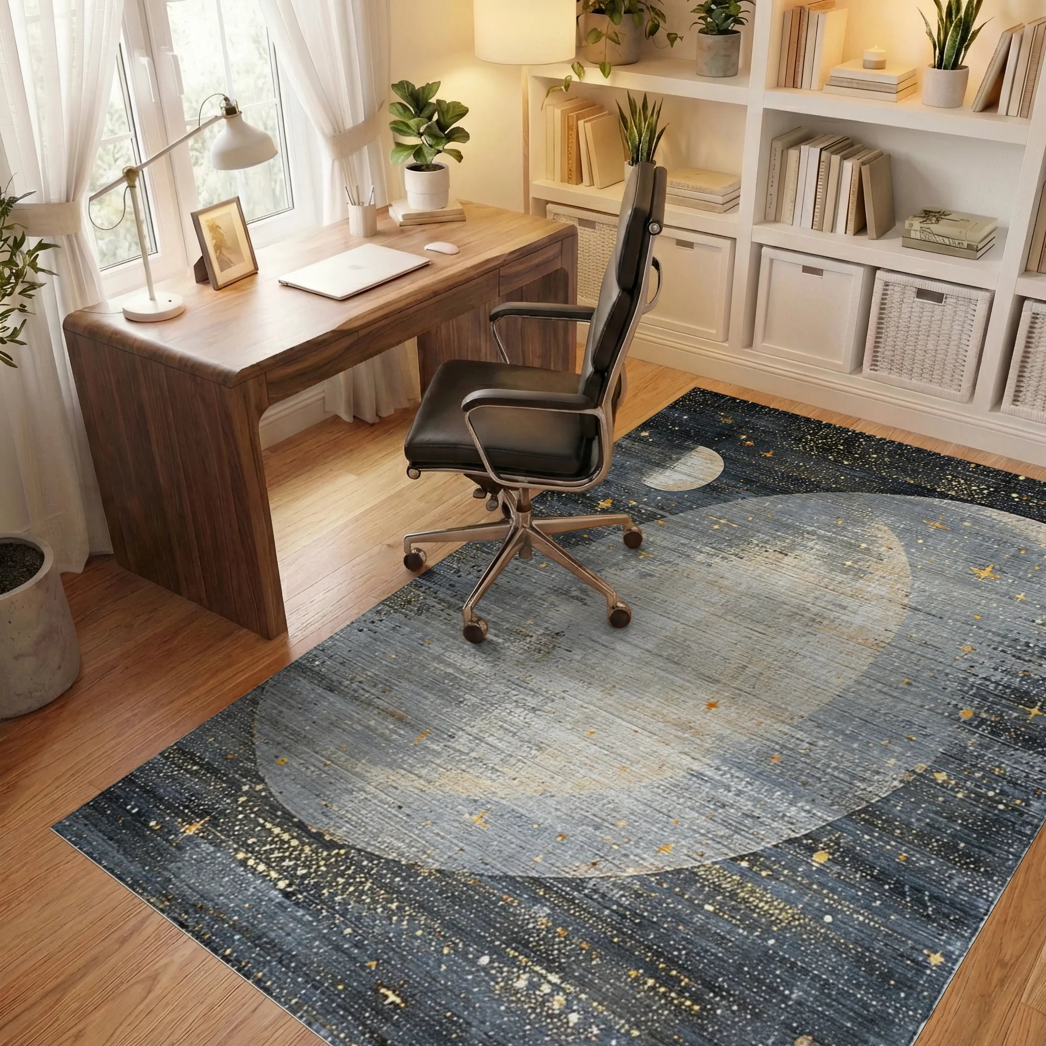 Celestial Gray Moon and Stars Rug - Office View