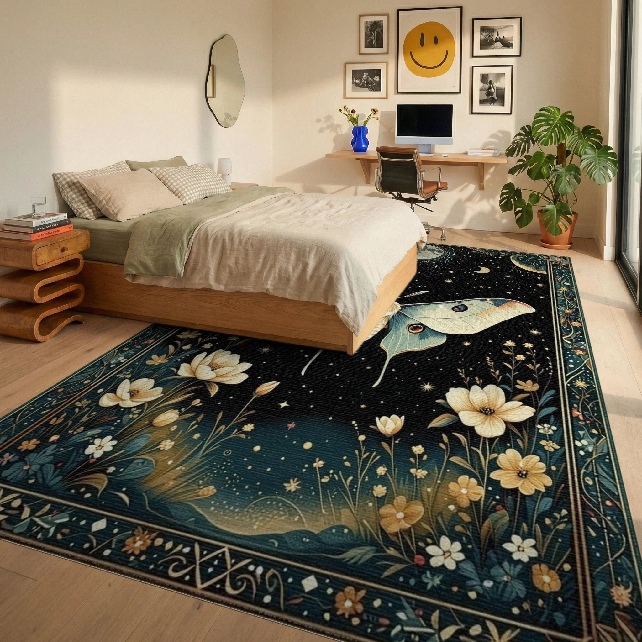 Celestial Moon Moth Floral Night Rug - Bedroom View
