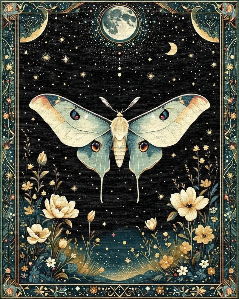Celestial Moon Moth Floral Night Rug - Cutout View