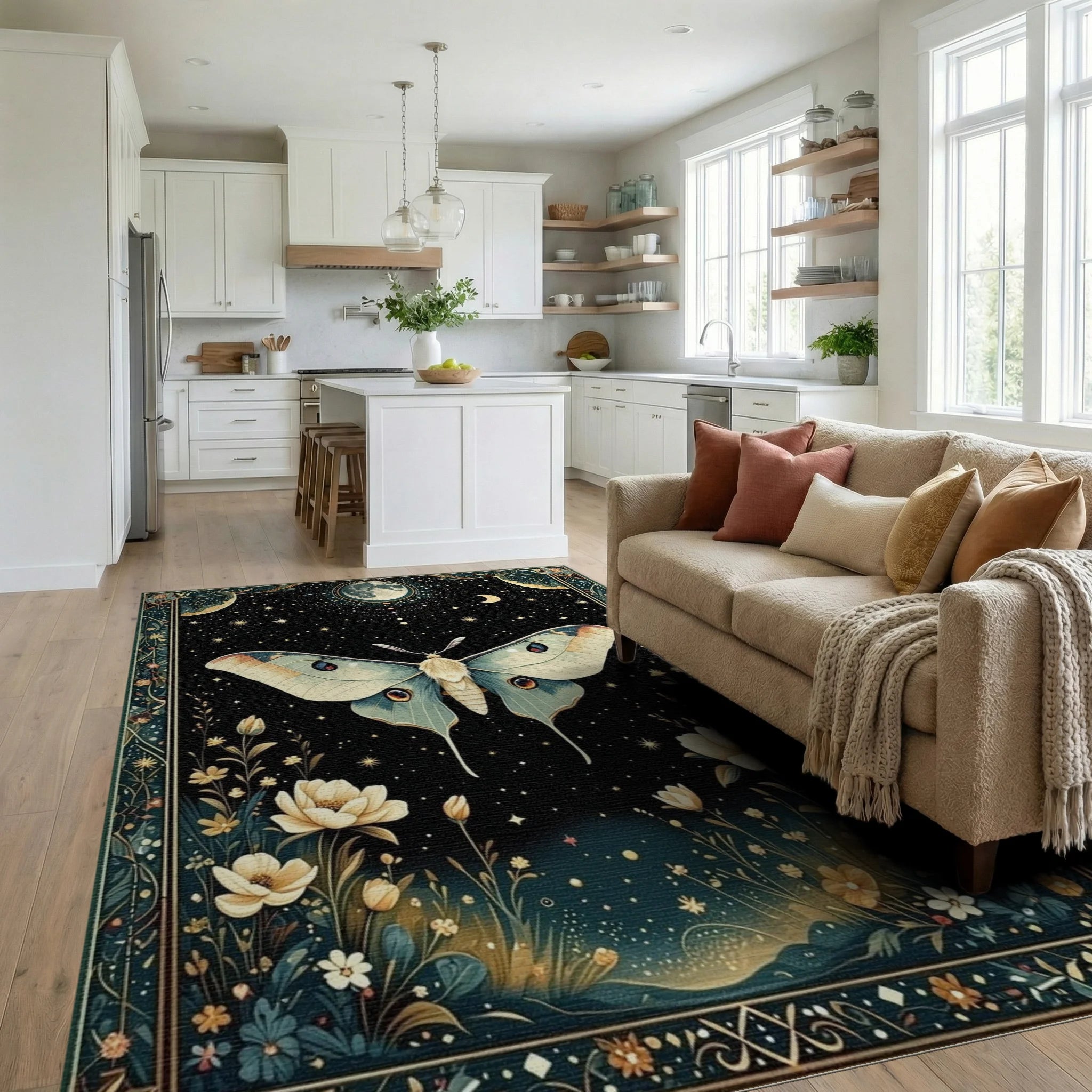 Celestial Moon Moth Floral Night Rug - Living Room View