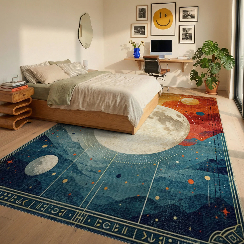 Celestial Moonscape Orange Blue Mountains Rug - Bedroom View