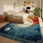 Celestial Moonscape Orange Blue Mountains Rug - Bedroom View