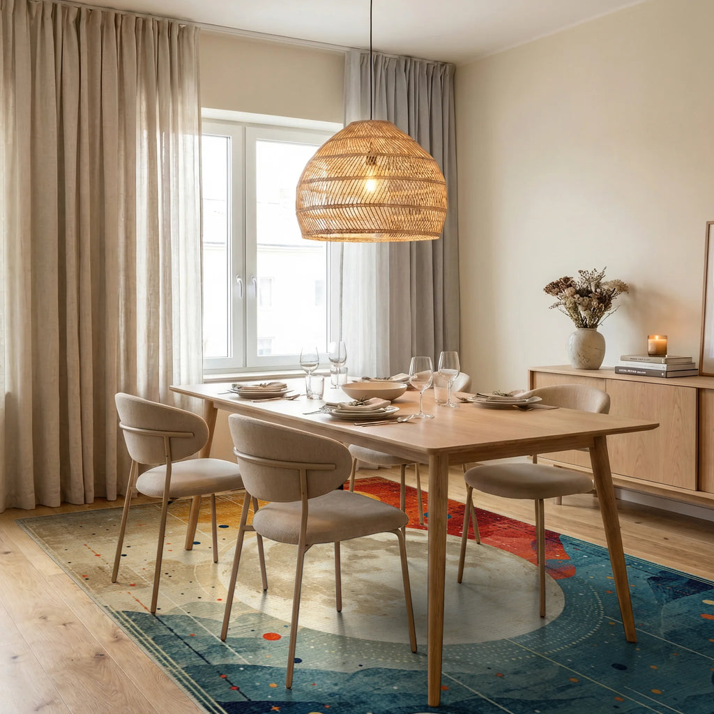 Celestial Moonscape Orange Blue Mountains Rug - Dining Room View