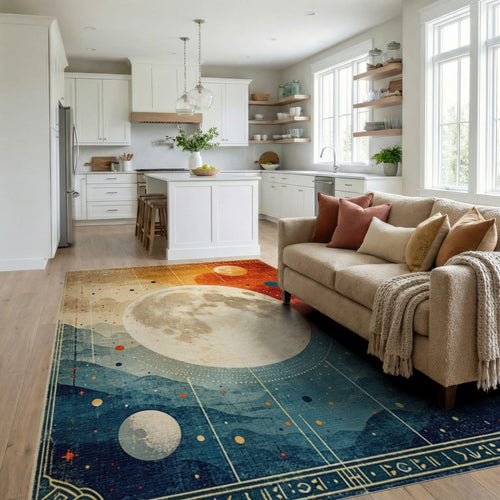 Celestial Moonscape Orange Blue Mountains Rug - Living Room View