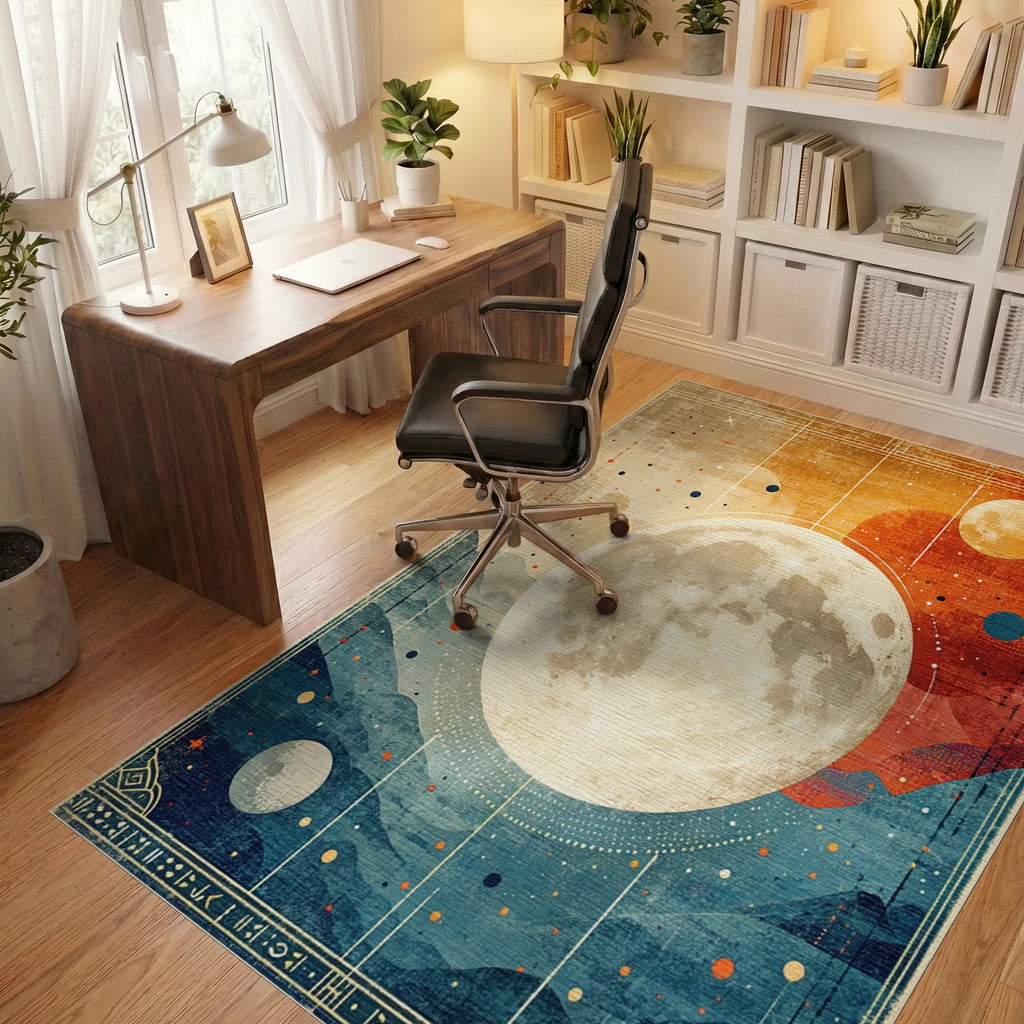 Celestial Moonscape Orange Blue Mountains Rug - Office View