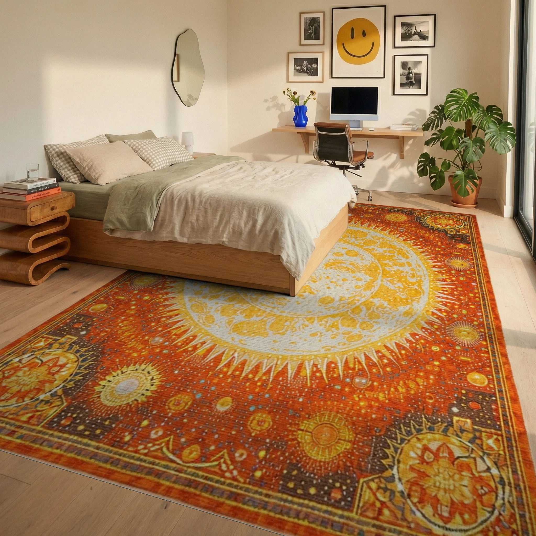 Celestial Sun Face Radiant Orange Cosmos Rug - Bedroom View