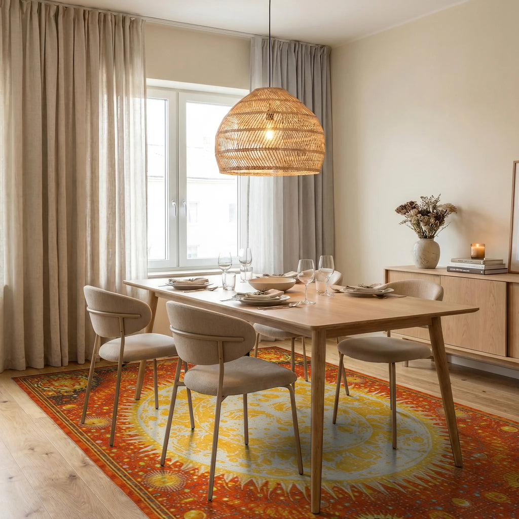 Celestial Sun Face Radiant Orange Cosmos Rug - Dining Room View