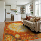 Celestial Sun Face Radiant Orange Cosmos Rug - Living Room View