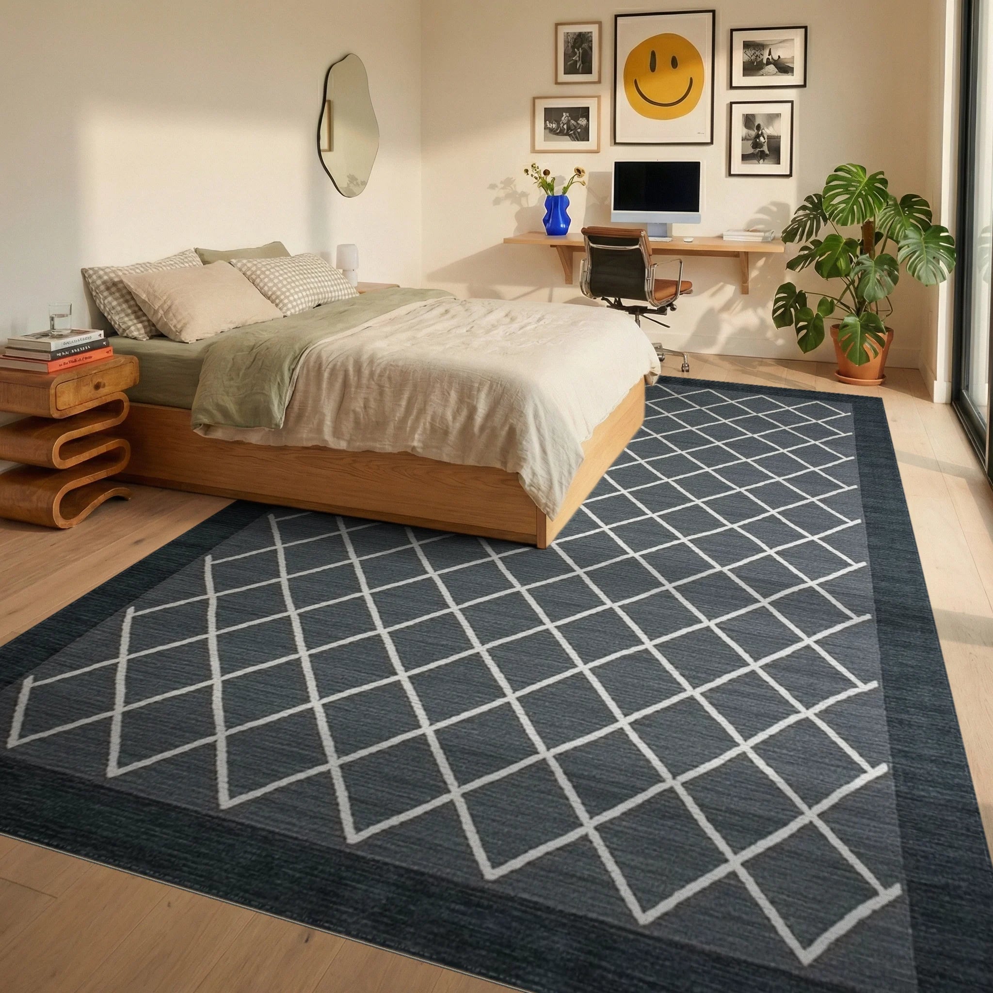 Charcoal Diamond Grid Border Rug - Bedroom View