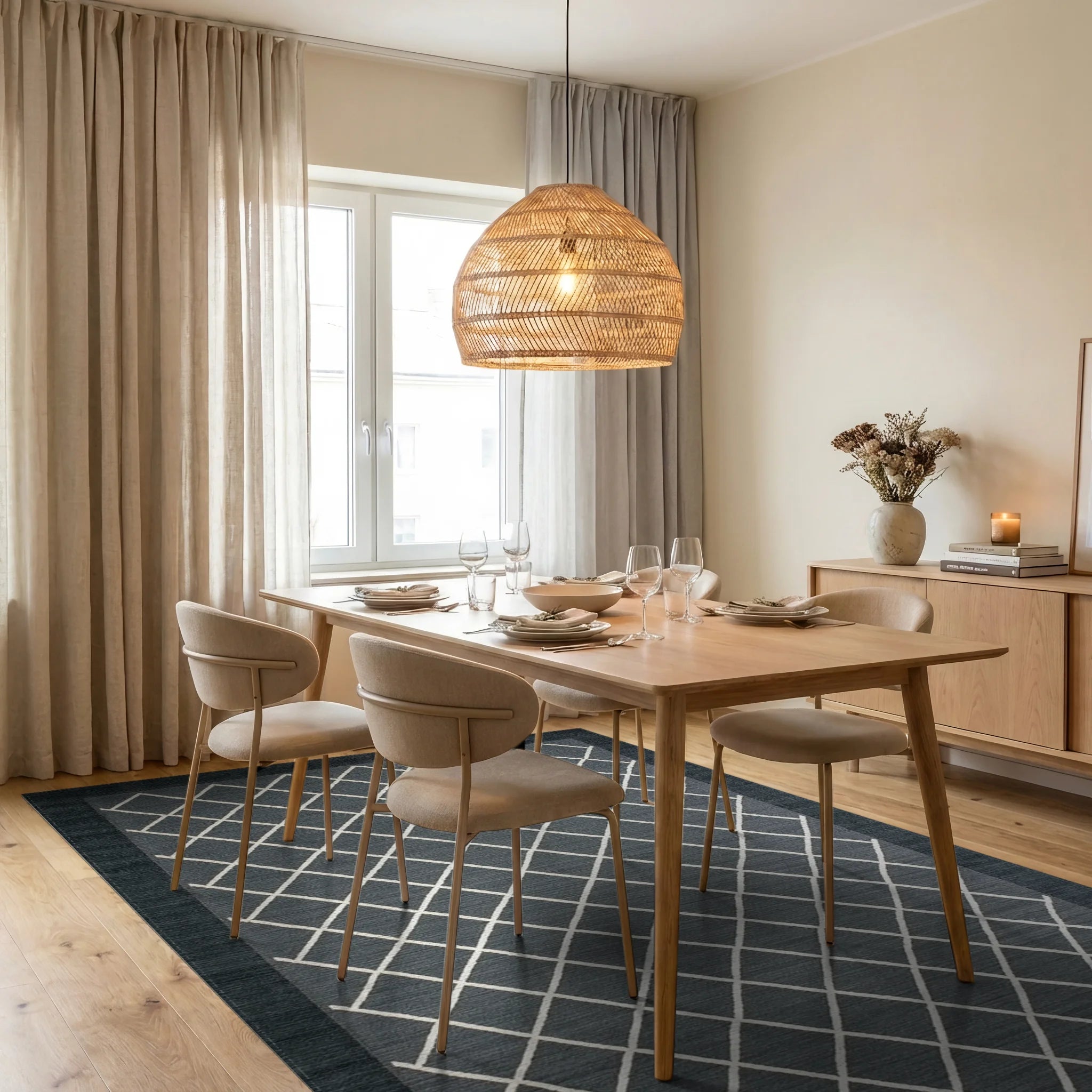 Charcoal Diamond Grid Border Rug - Dining Room View