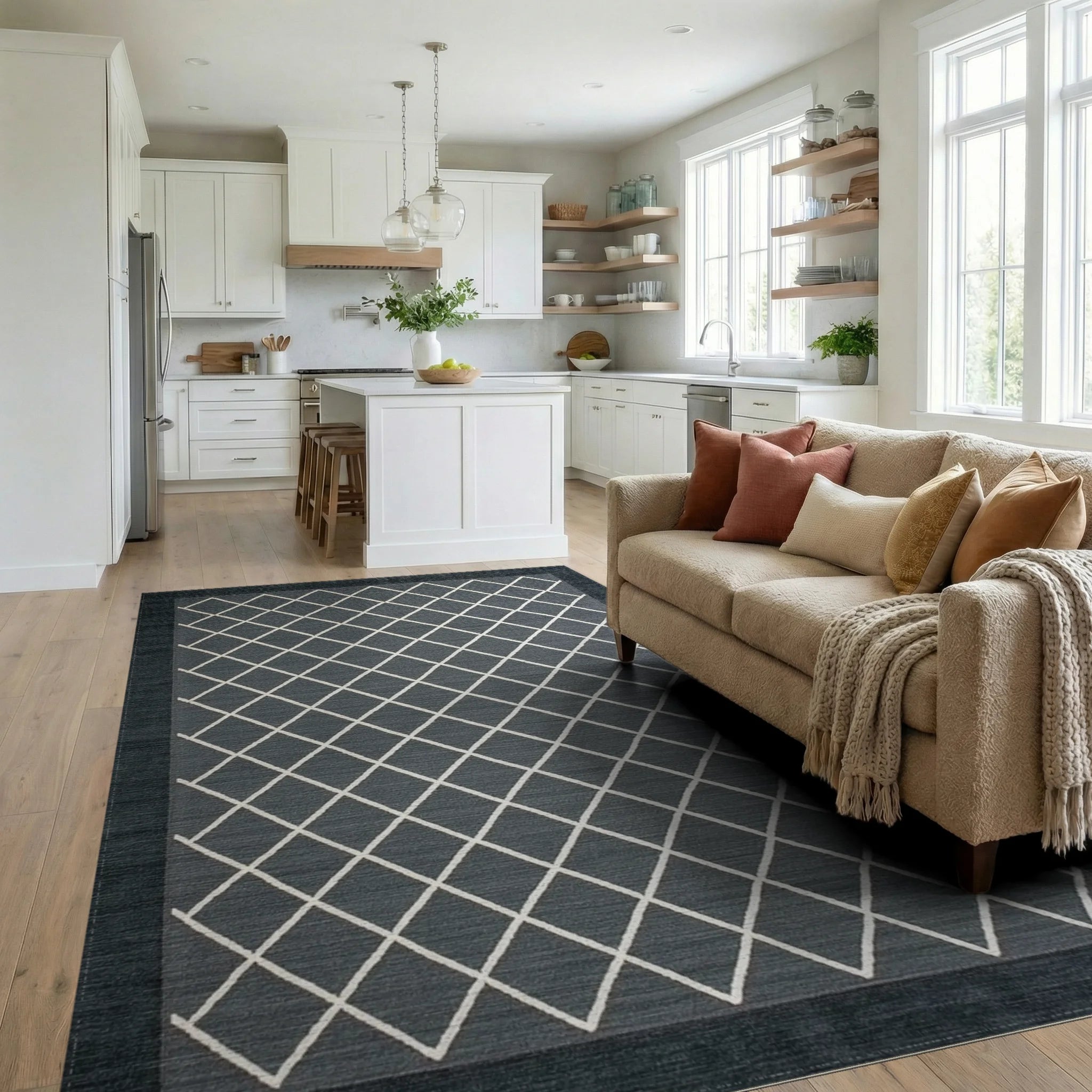 Charcoal Diamond Grid Border Rug - Living Room View