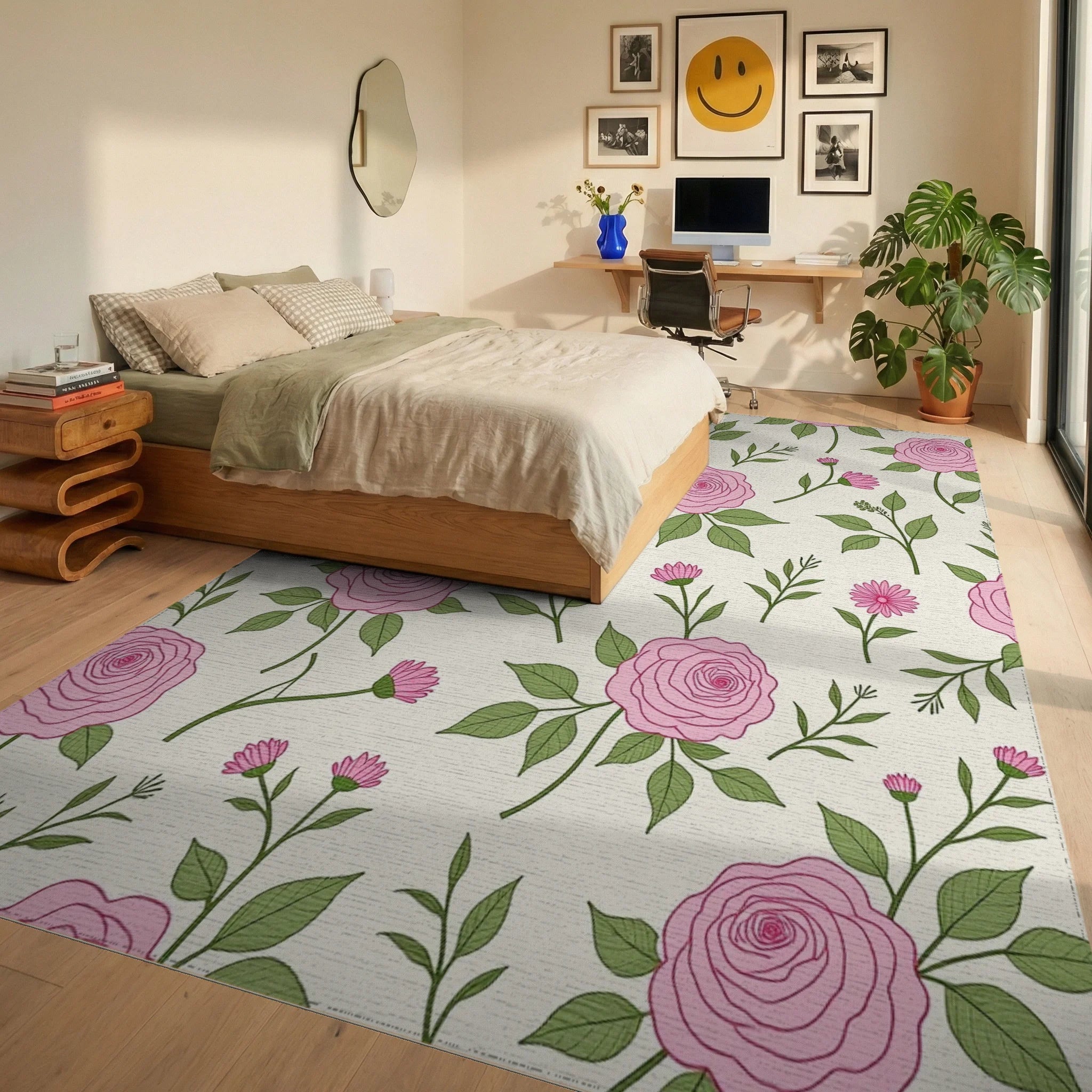 Charming Pink Rose Floral Pattern Rug Bedroom View