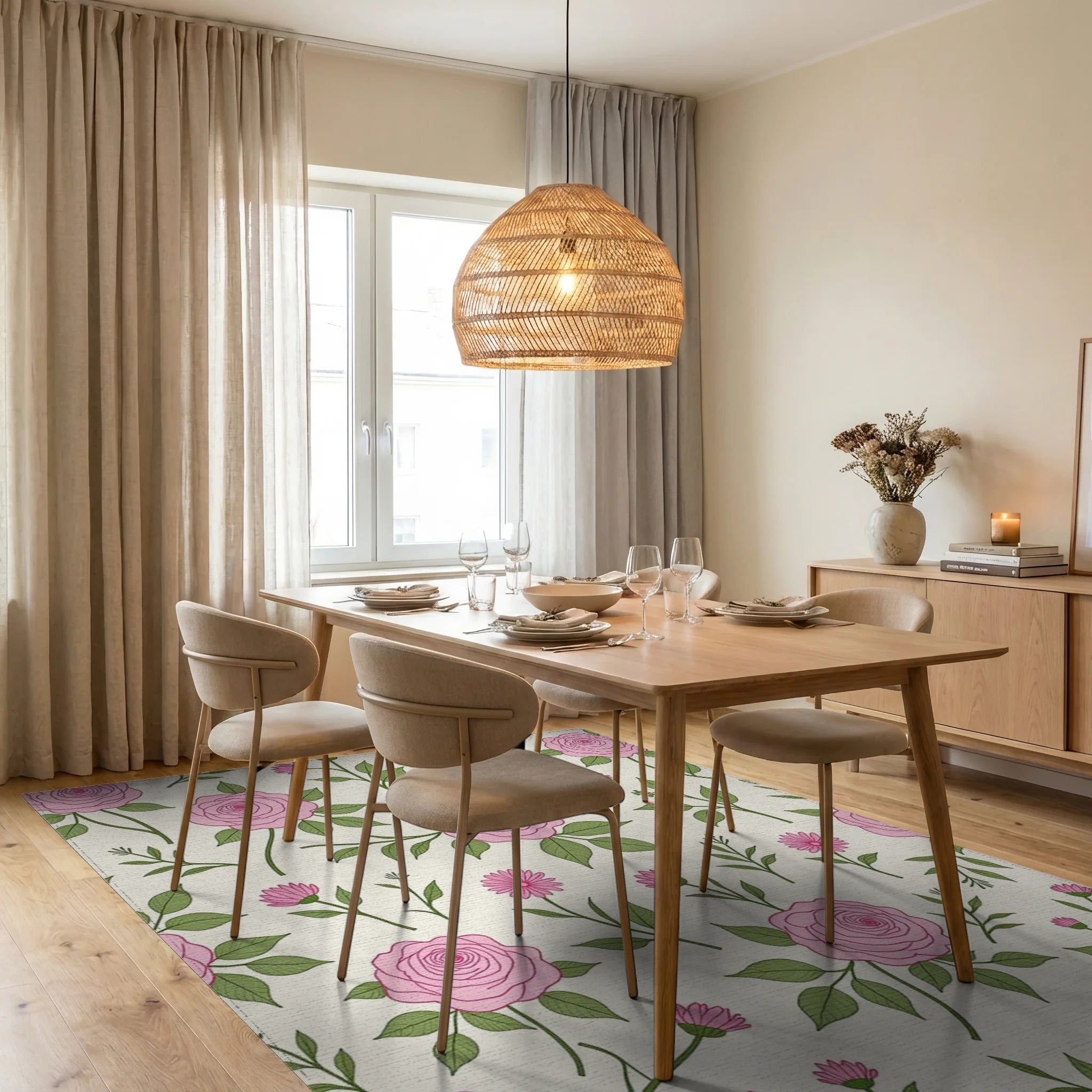 Charming Pink Rose Floral Pattern Rug Dining Room View