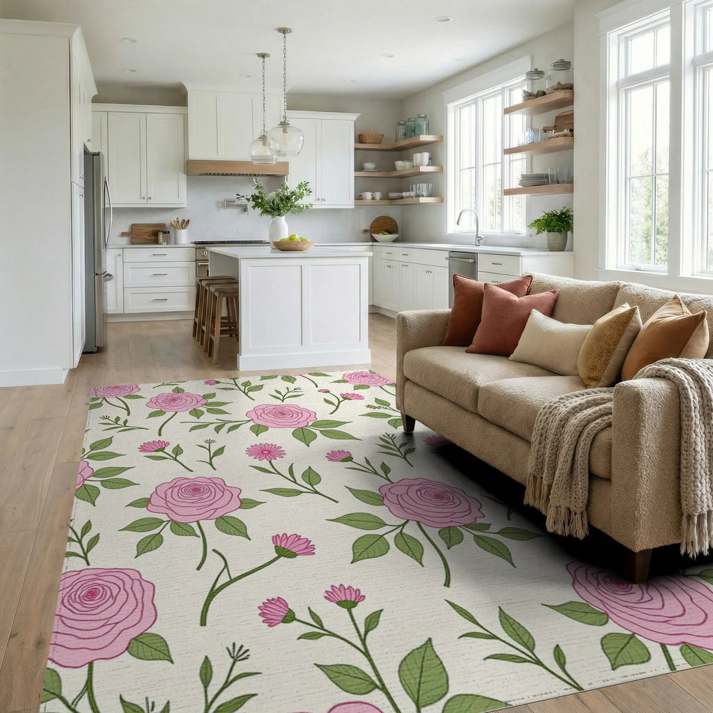Charming Pink Rose Floral Pattern Rug Living Room View