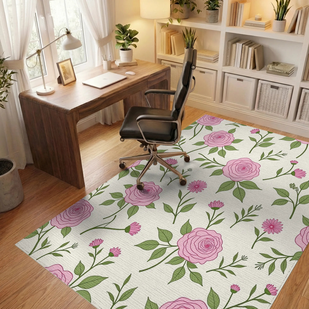 Charming Pink Rose Floral Pattern Rug Office View