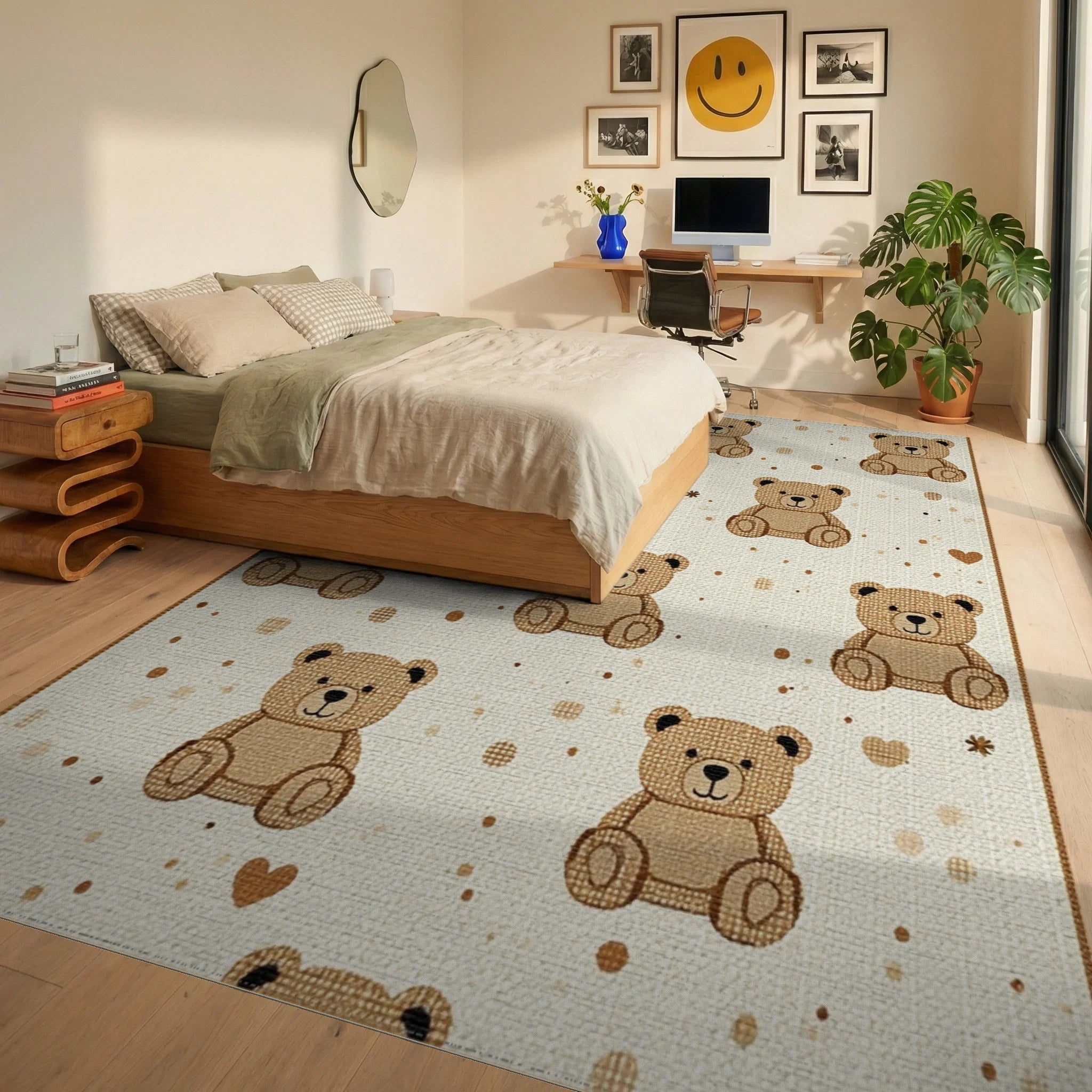 Charming Teddy Bear Collage Rug - Bedroom View
