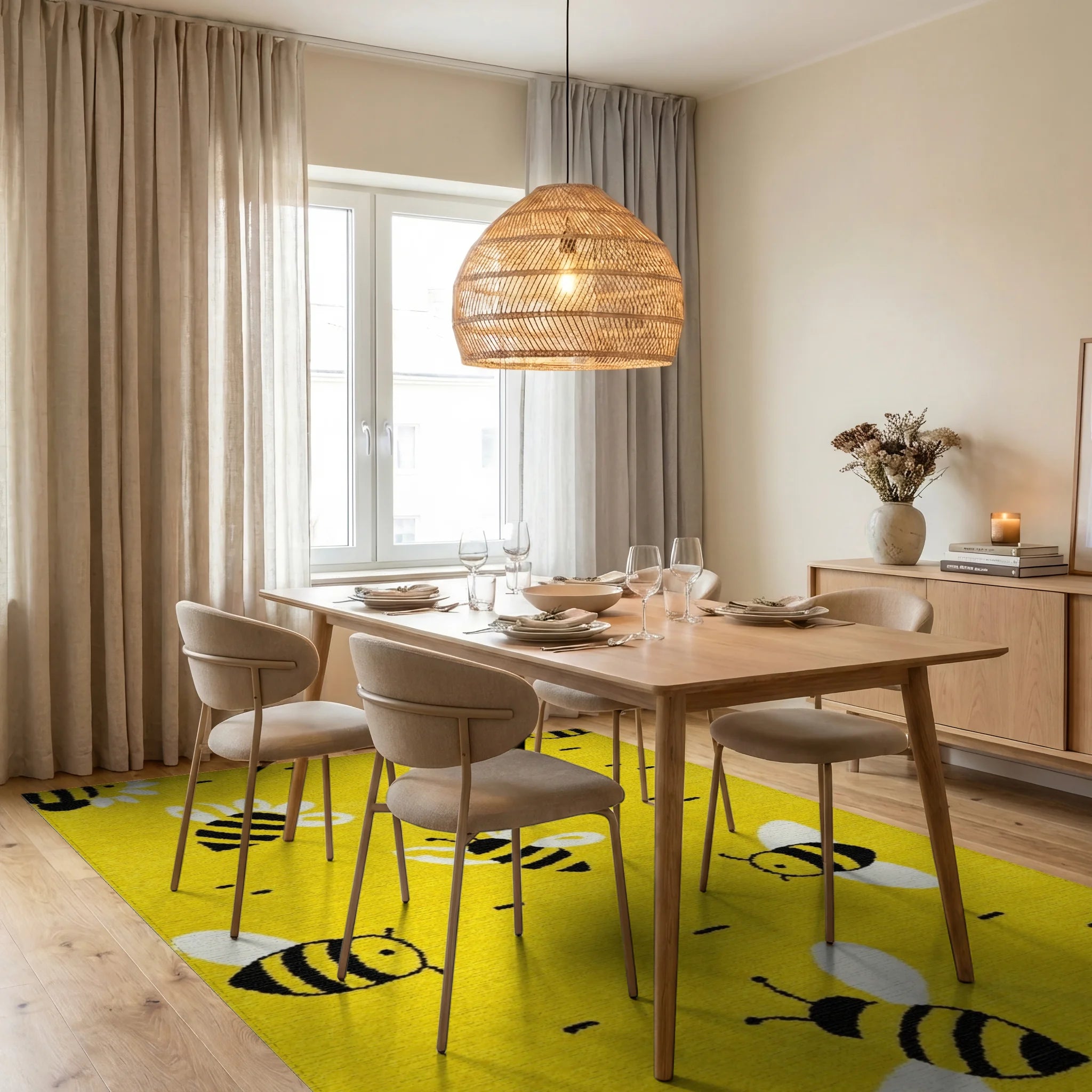 Cheerful Yellow Bee Garden Rug - Dining Room View