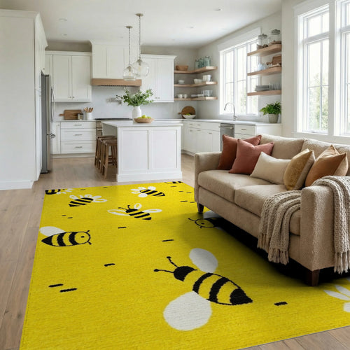 Cheerful Yellow Bee Garden Rug - Living Room View