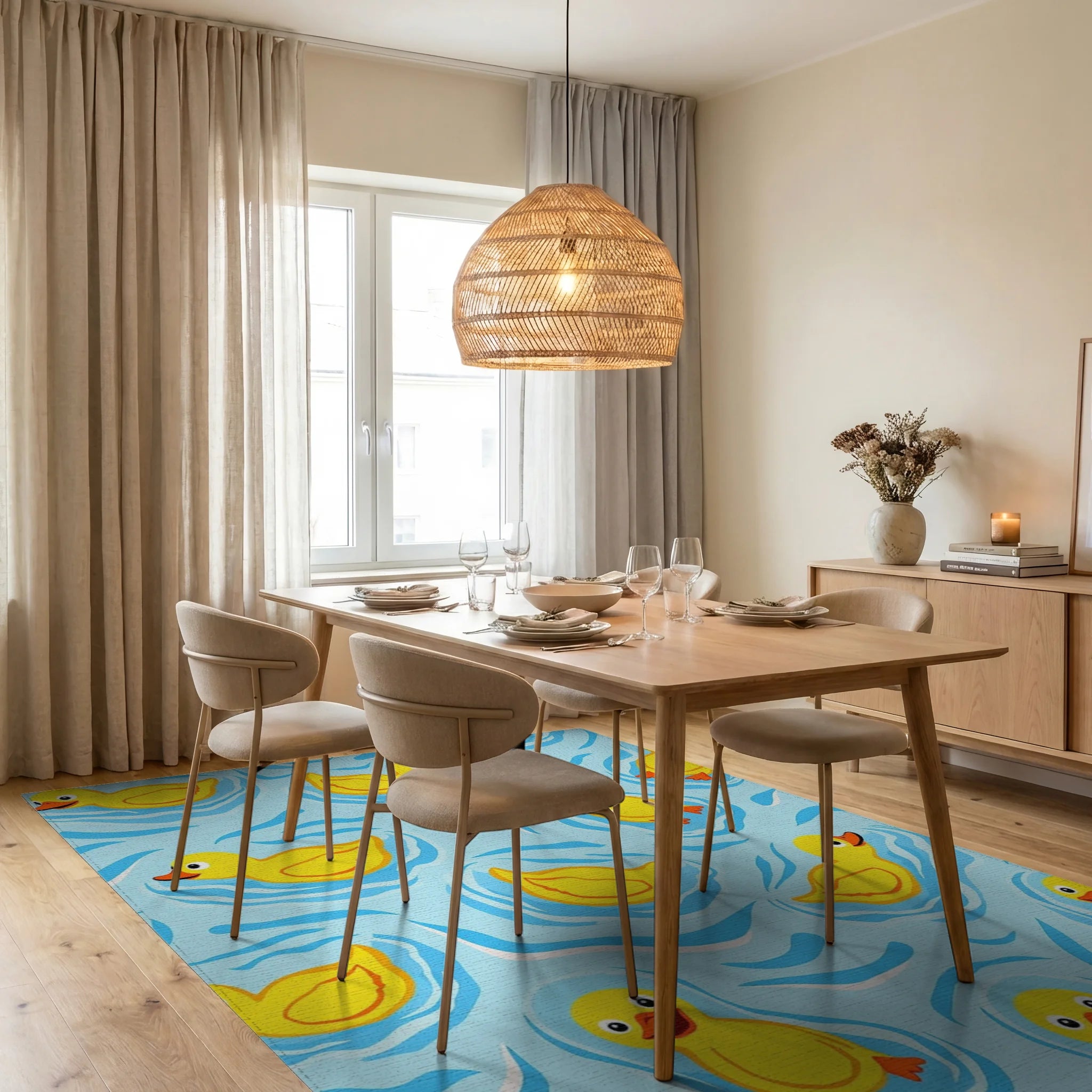 Cheerful Yellow Rubber Ducklings Rug Dining Room View