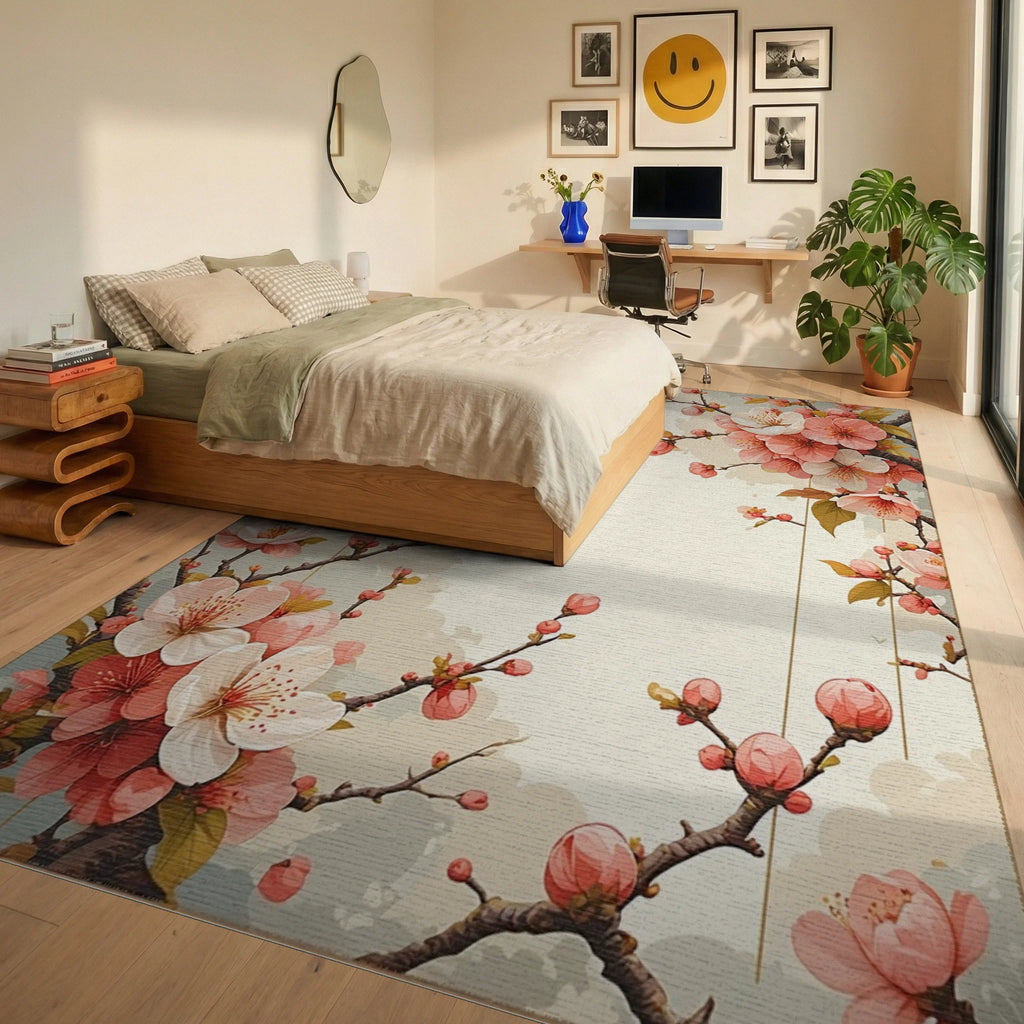 Cherry Blossom Branch Floral Accent Rug Bedroom View