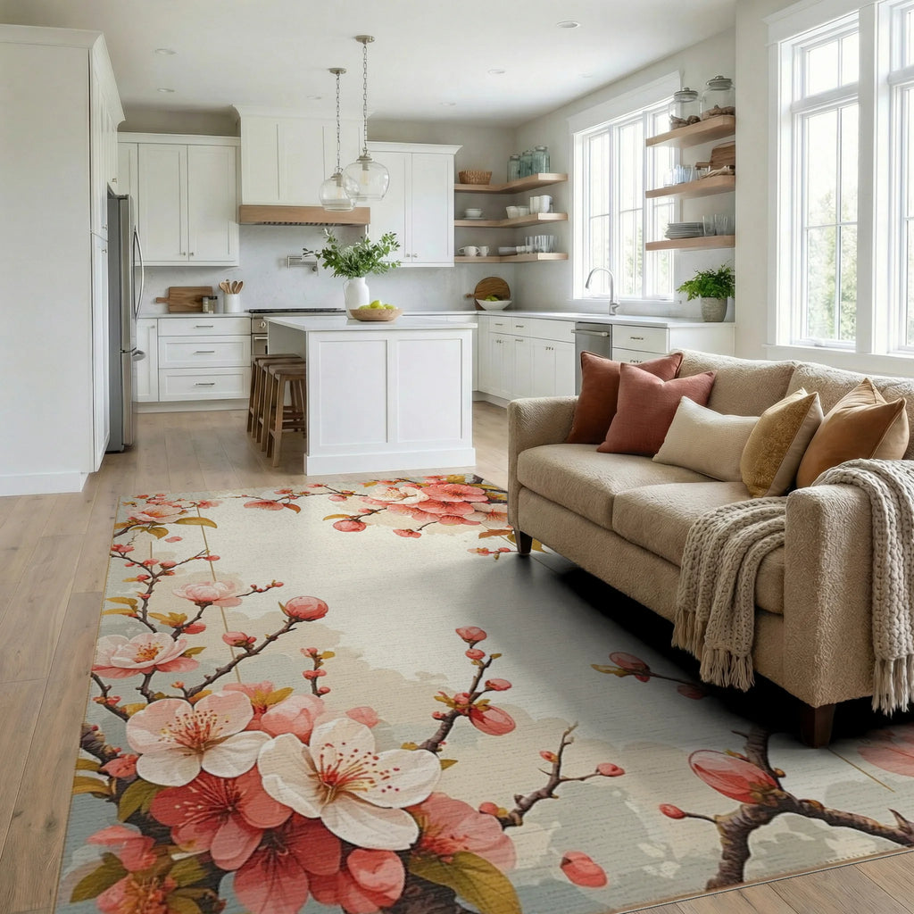 Cherry Blossom Branch Floral Accent Rug Living Room View