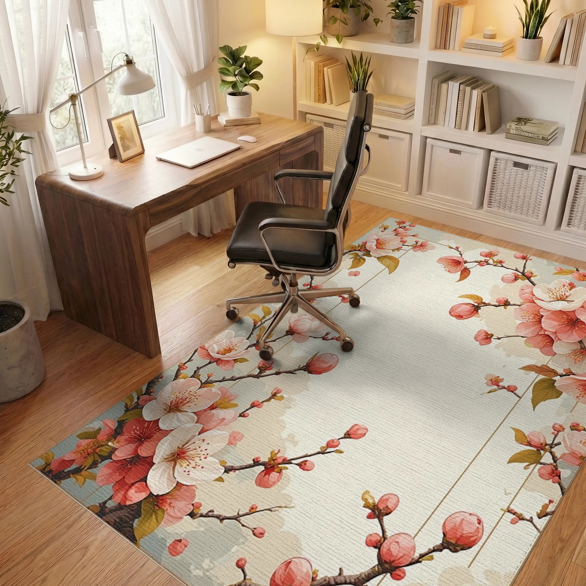 Cherry Blossom Branch Floral Accent Rug Office View