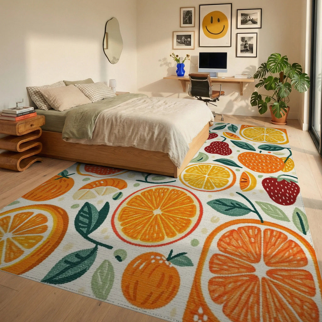 Citrus Fruit Strawberry Medley Rug - Bedroom View