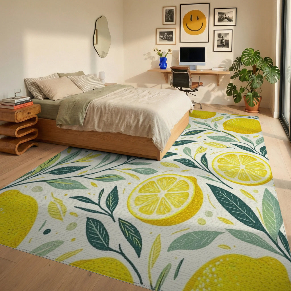 Citrus Grove Lemon Slice Pattern Rug Bedroom View