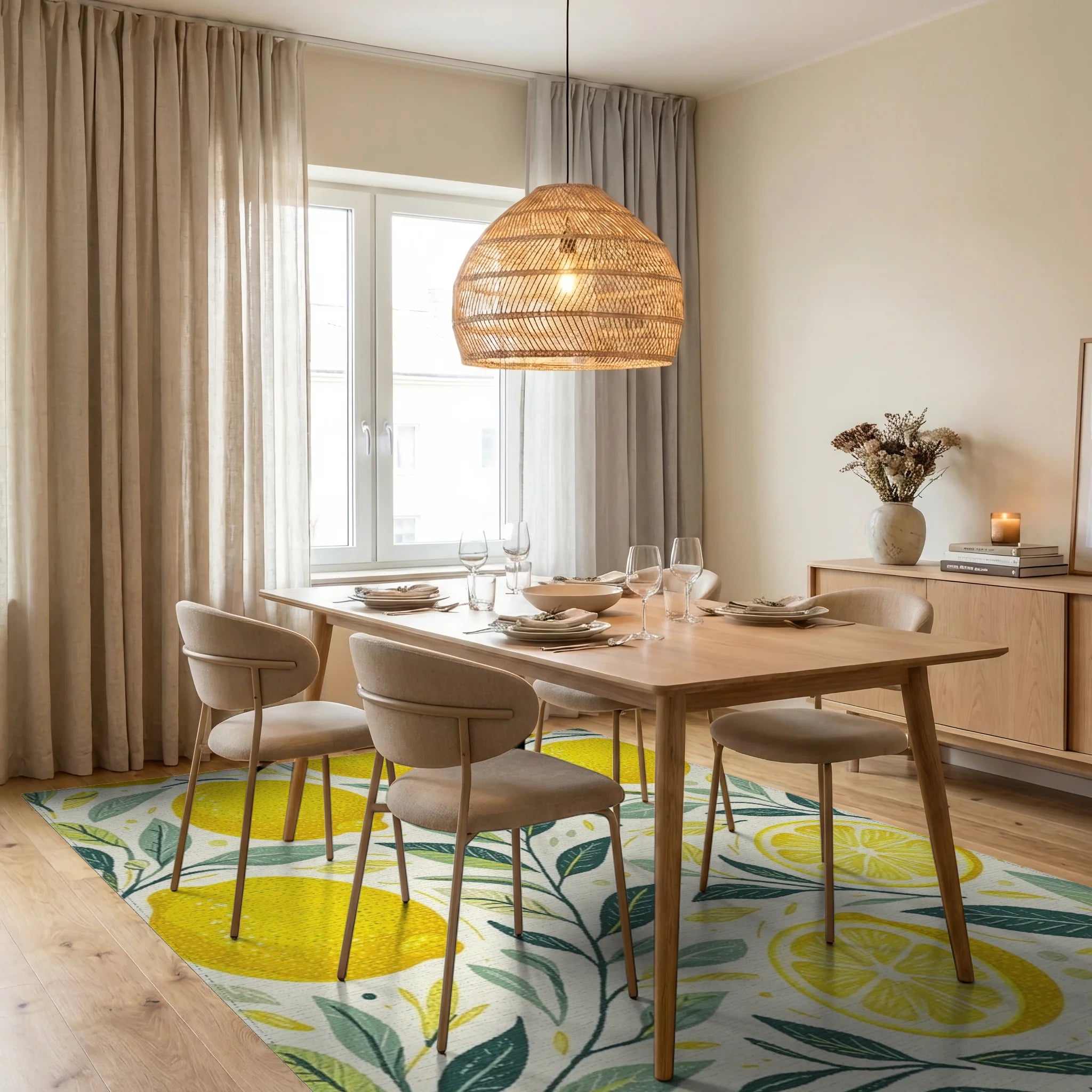 Citrus Grove Lemon Slice Pattern Rug Dining Room View