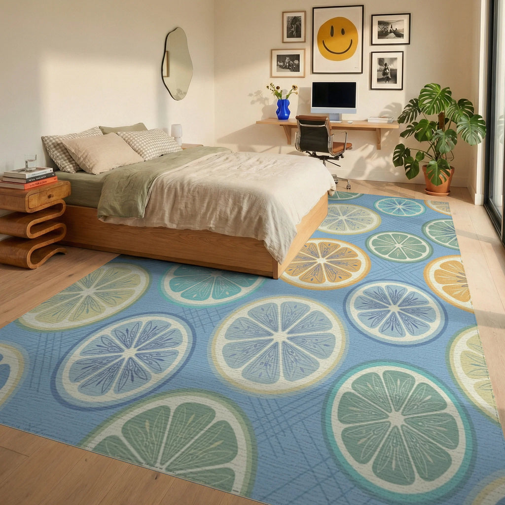 Citrus Medley With Blue Grid Rug Bedroom View