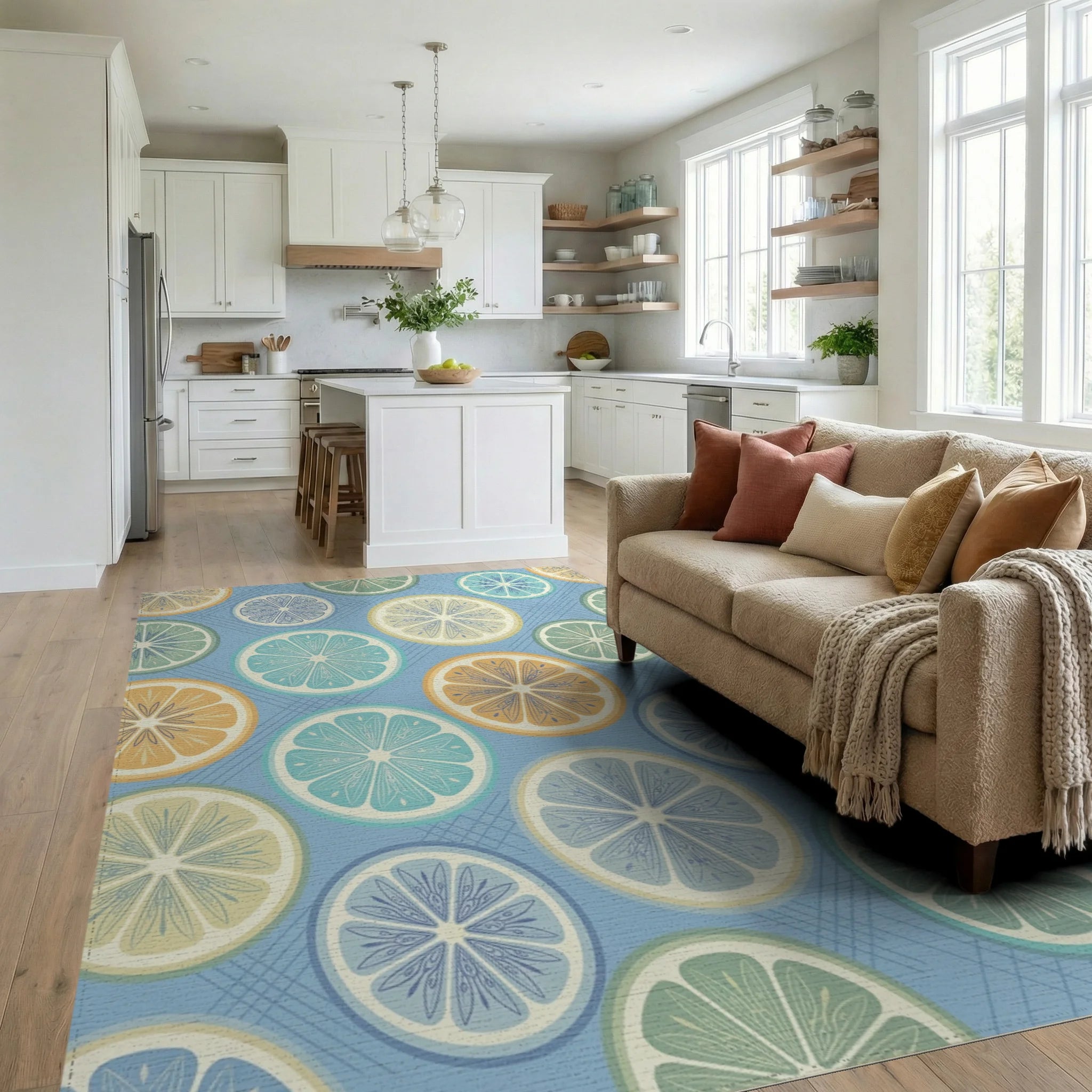Citrus Medley With Blue Grid Rug Living Room View