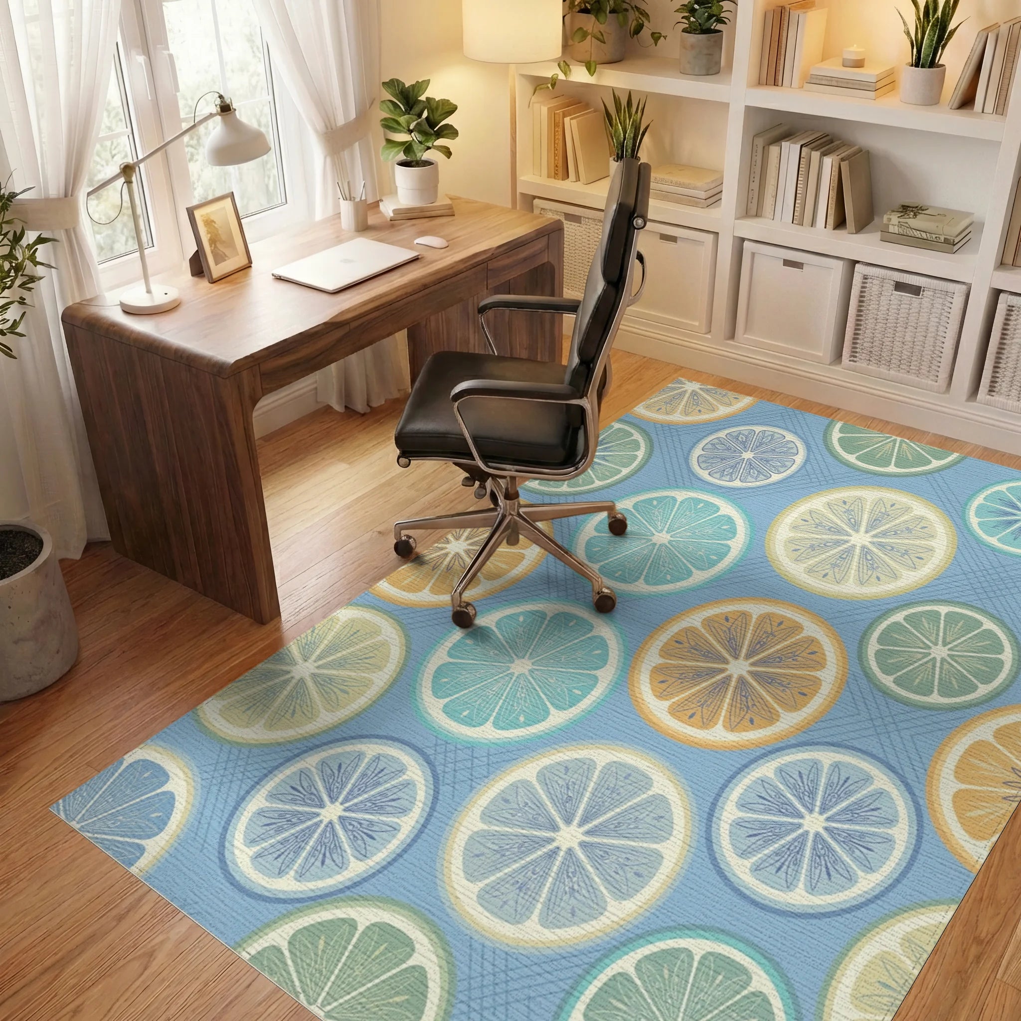 Citrus Medley With Blue Grid Rug Office View