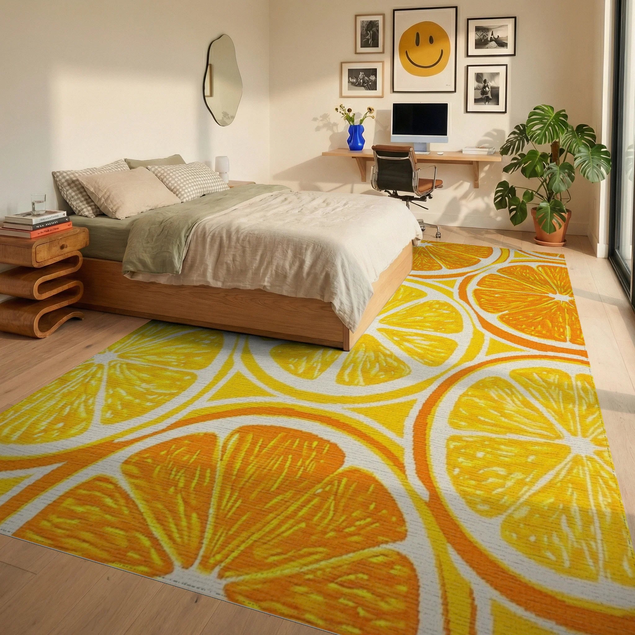 Citrus Slice Patterned Bright Rug Bedroom View