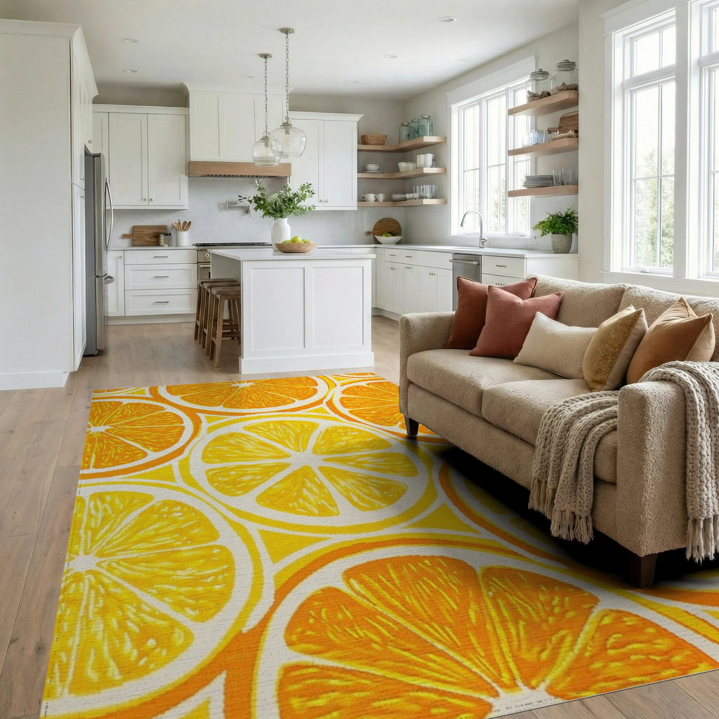 Citrus Slice Patterned Bright Rug Living Room View