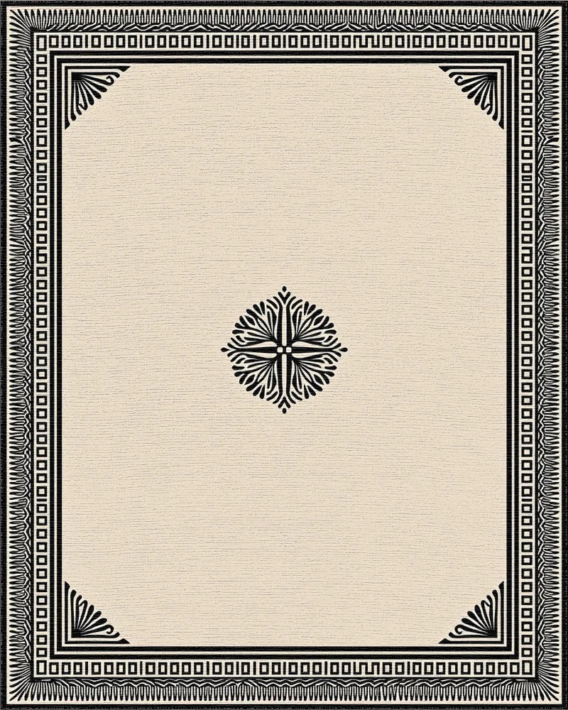 Classic Black Ivory Geometric Border Rug - Cutout View