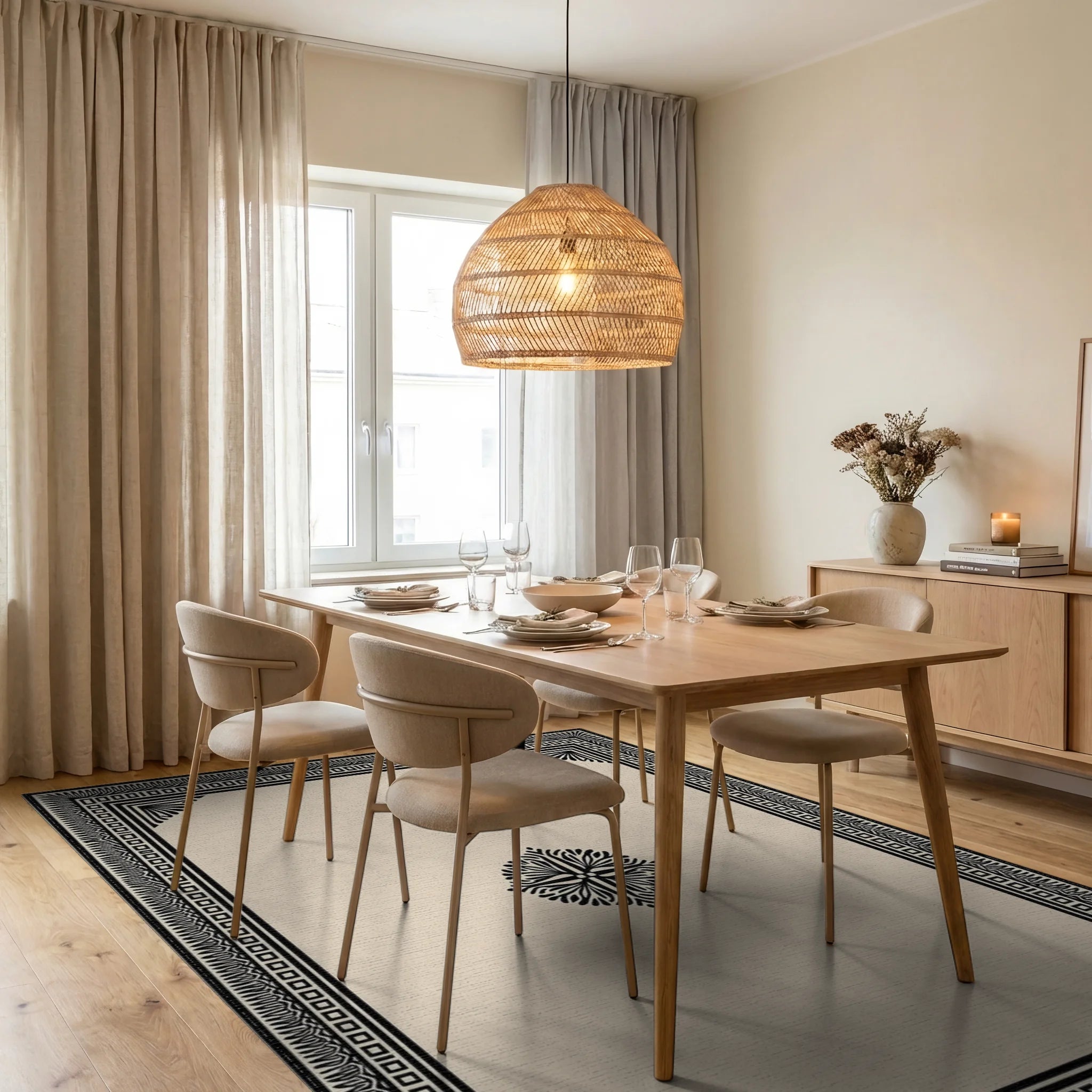 Classic Black Ivory Geometric Border Rug - Dining Room View