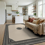 Classic Black Ivory Geometric Border Rug - Living Room View