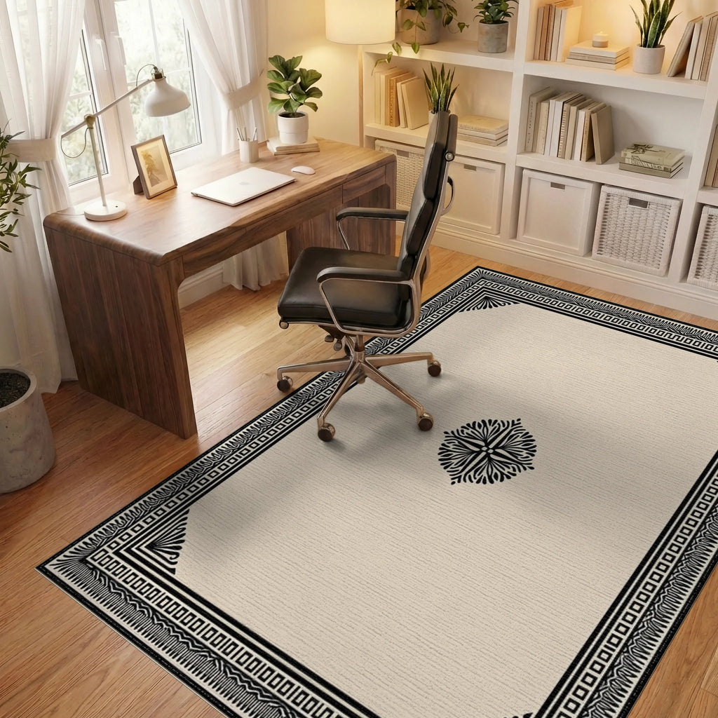Classic Black Ivory Geometric Border Rug - Office View