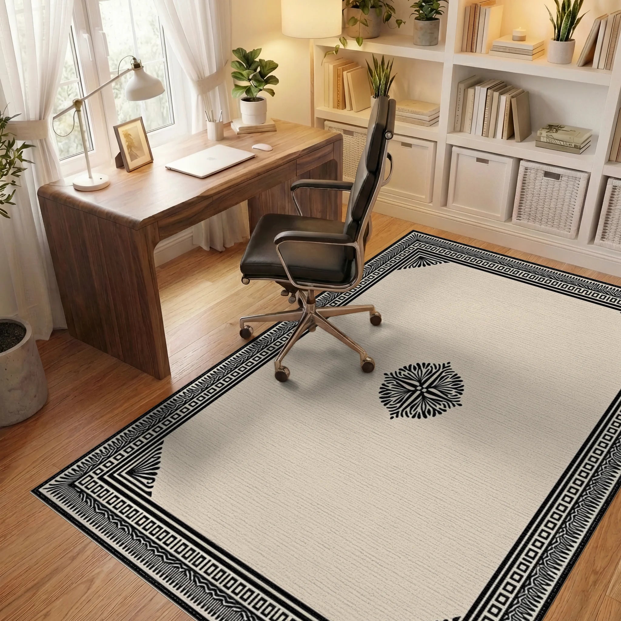 Classic Black Ivory Geometric Border Rug - Office View