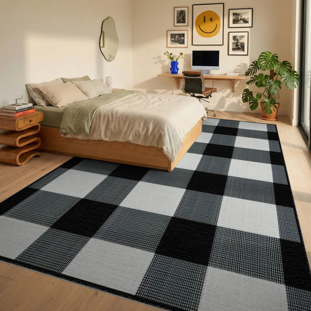 Classic Black White Checkered Grid Rug - Bedroom View