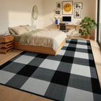 Classic Black White Checkered Grid Rug - Bedroom View
