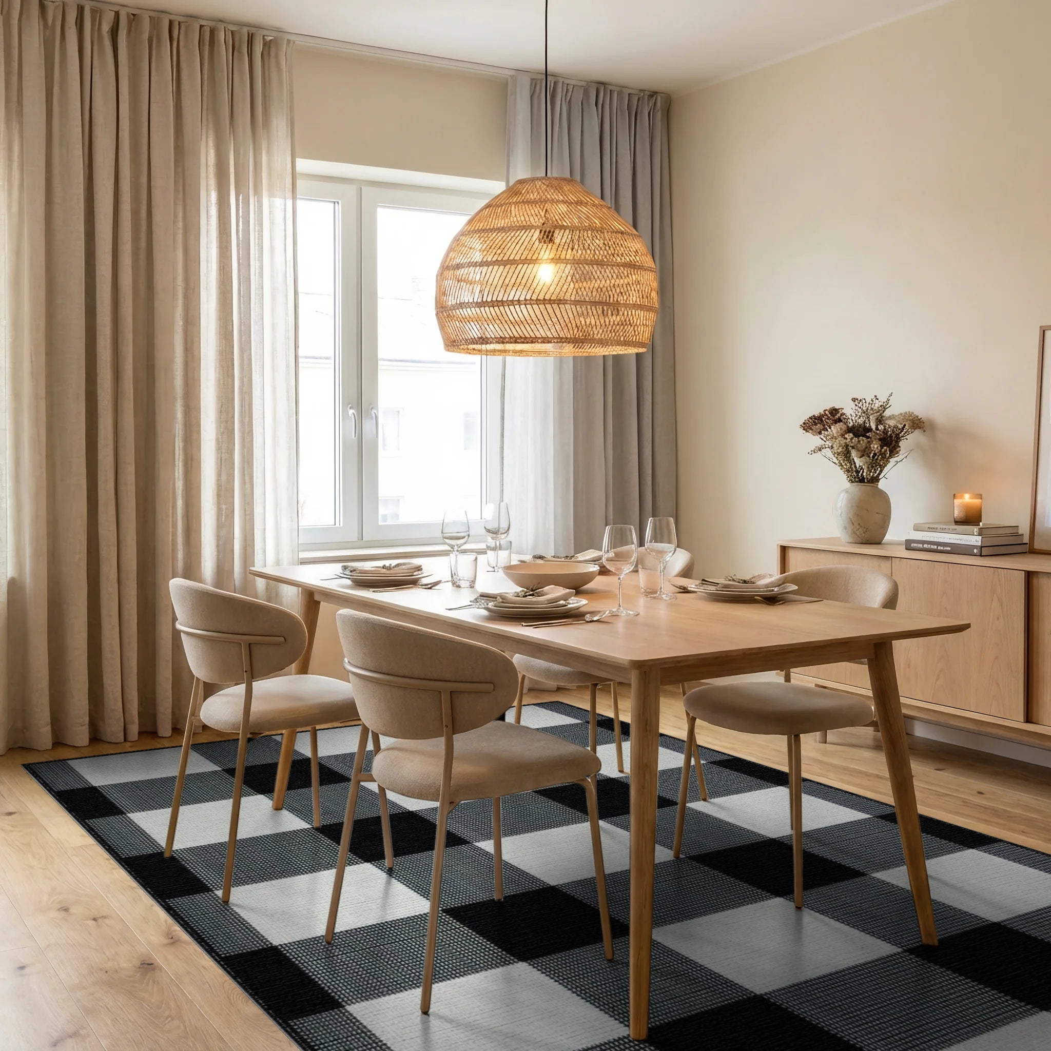 Classic Black White Checkered Grid Rug - Dining Room View