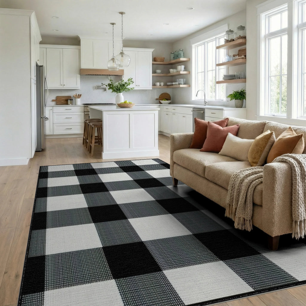 Classic Black White Checkered Grid Rug - Living Room View