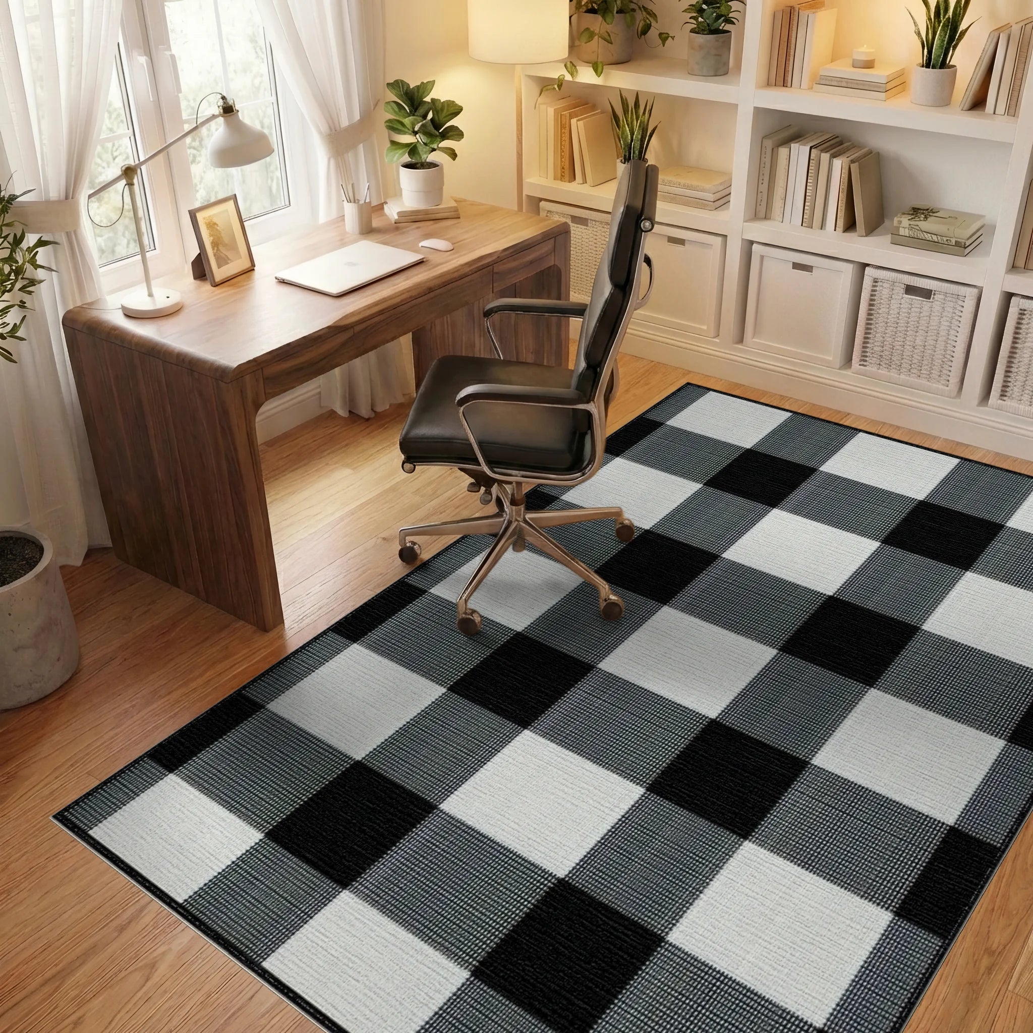 Classic Black White Checkered Grid Rug - Office View